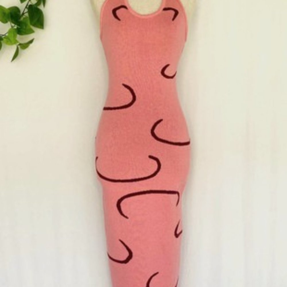 Women Summer Knit Halter Sleeveless  Midi Dress Geometric Print U Neck